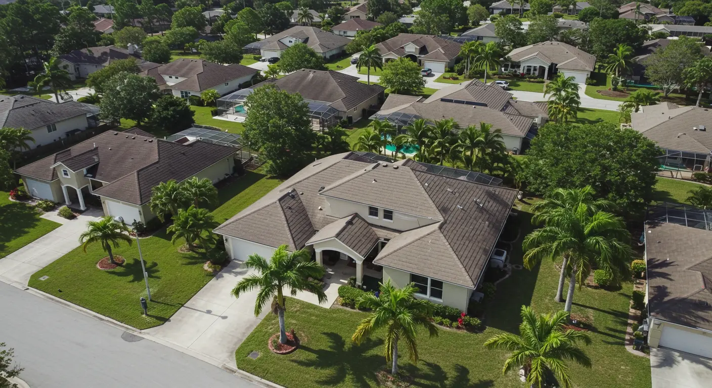 Drone capturing 4K roof images over a Central Florida neighborhood.