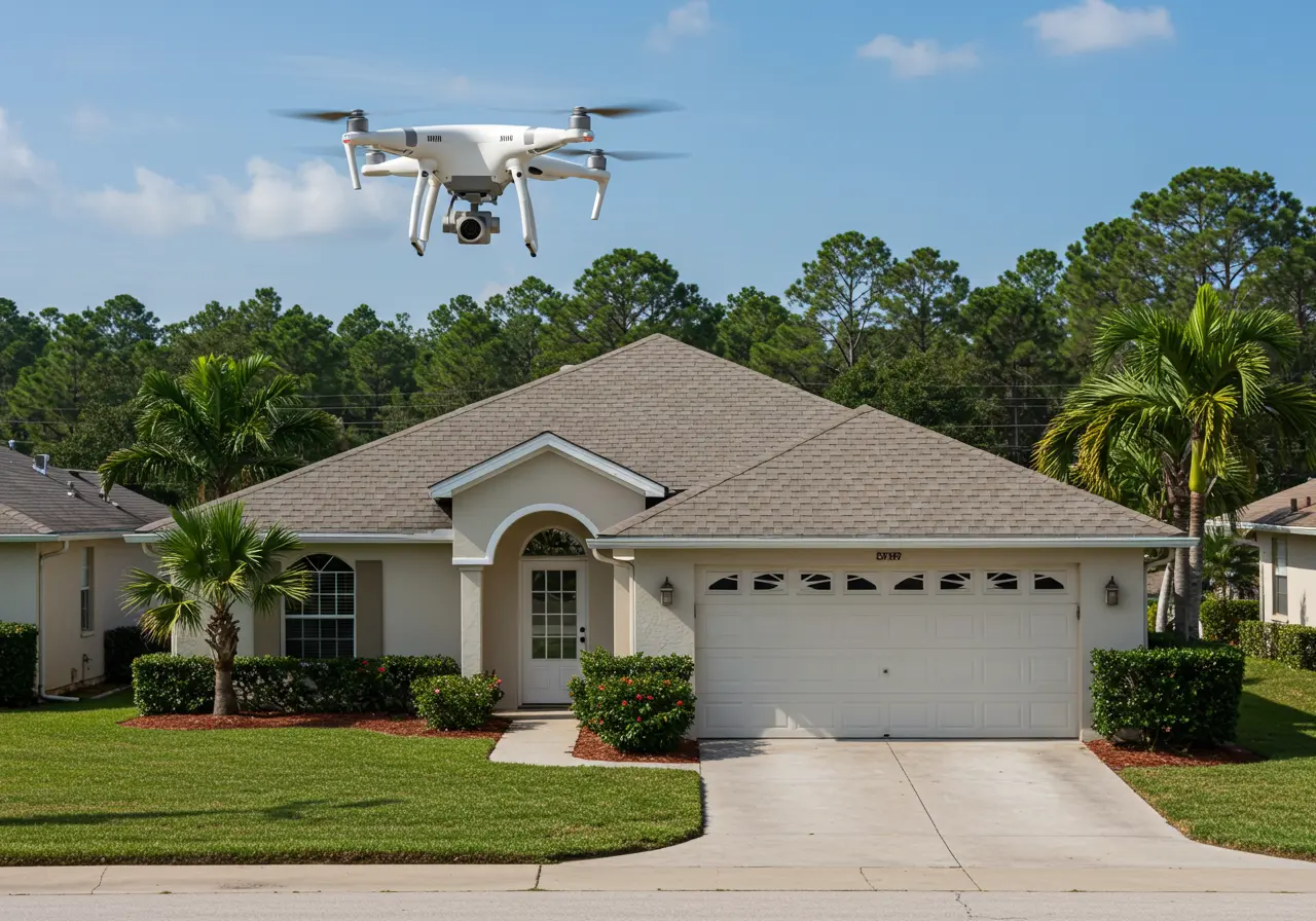 Drone performing a roof inspection over a Central Florida home.