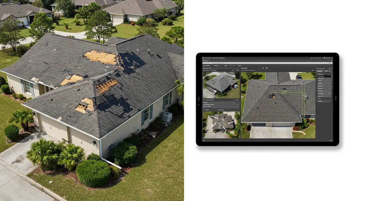 Drone inspection report showing storm damage on a Florida roof.