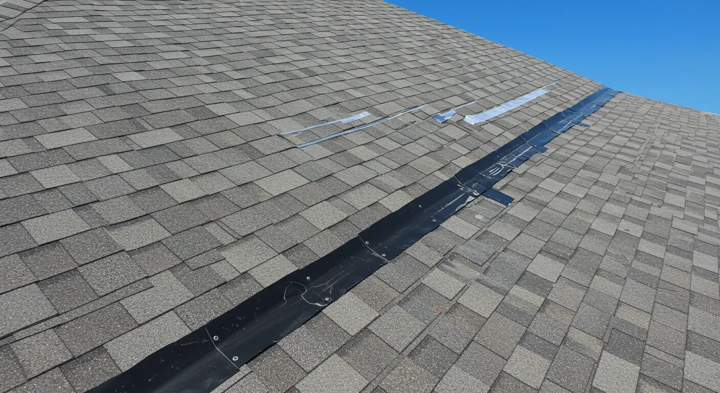 Drone capturing detailed roof shingles and gutters for inspection.
