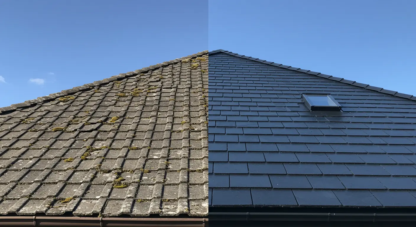 Before and after roof replacement on a suburban Orlando home.