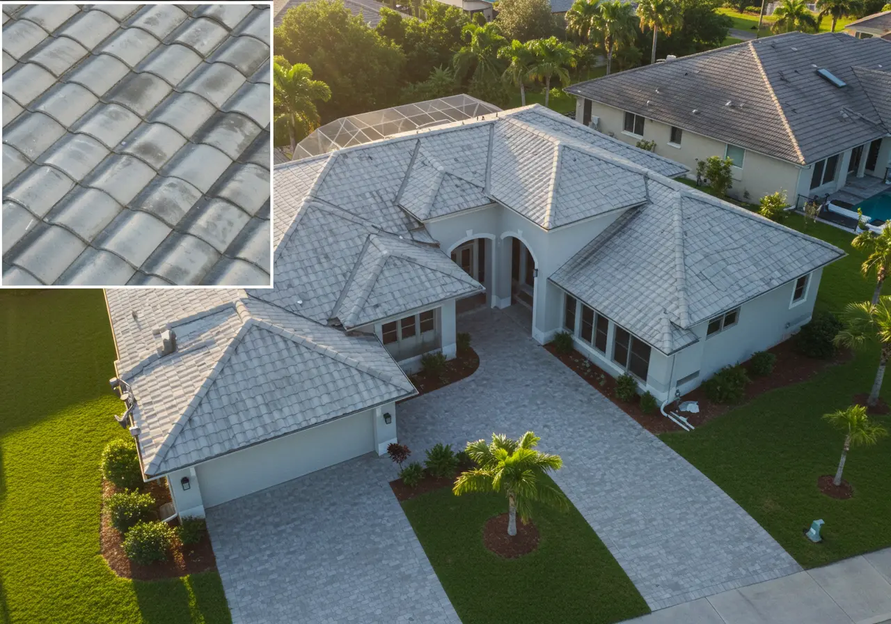 Aerial drone view of a modern Orlando, Florida home with a brand-new gray shingle roof under sunny skies – Coastal State Roofing.